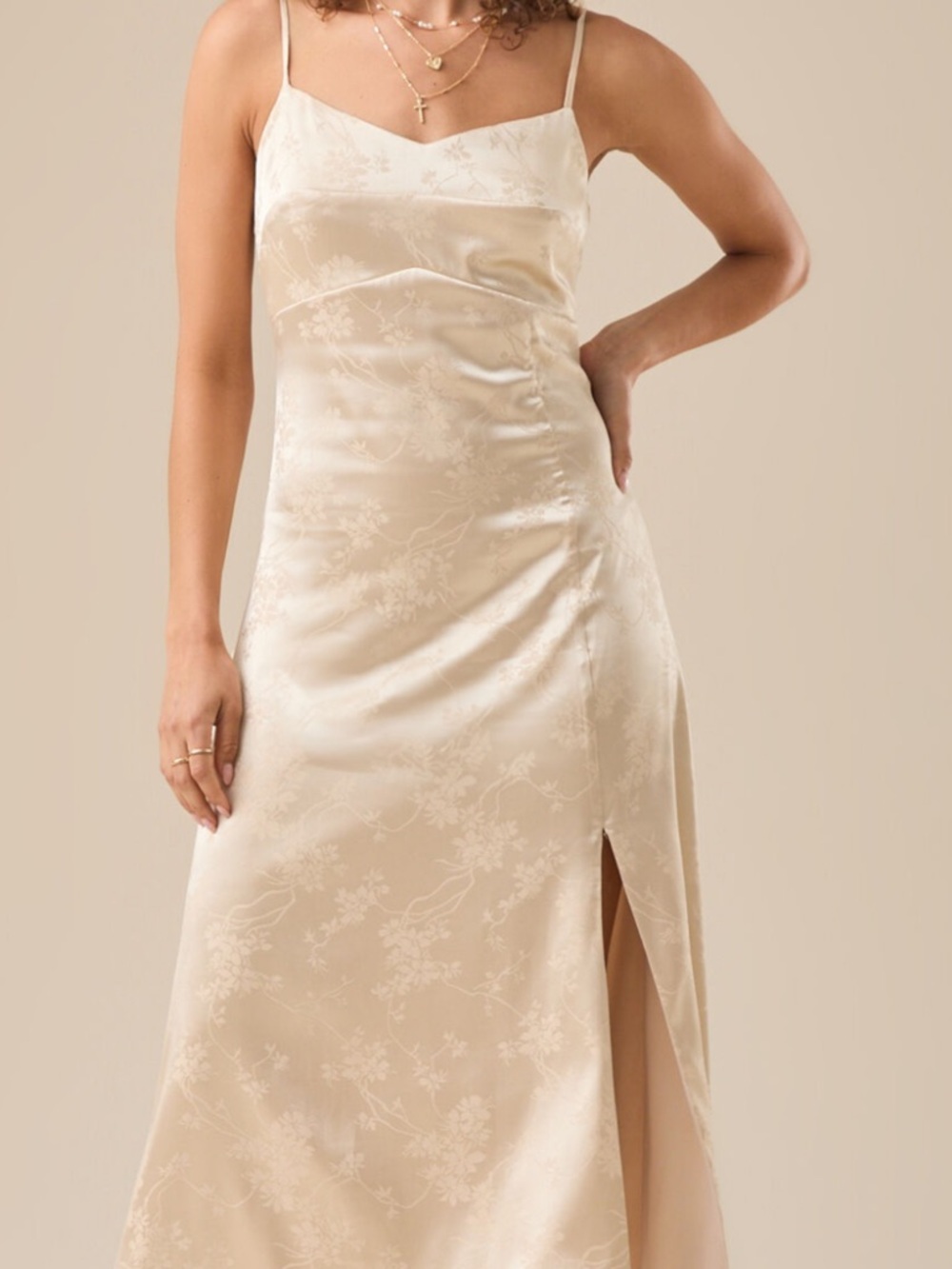 Altar'd State Cream Satin Floral Midi Slip Dress